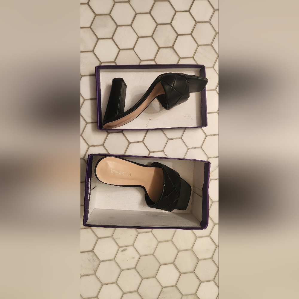 TOP Moda Black Quilted Woven Mule Heels